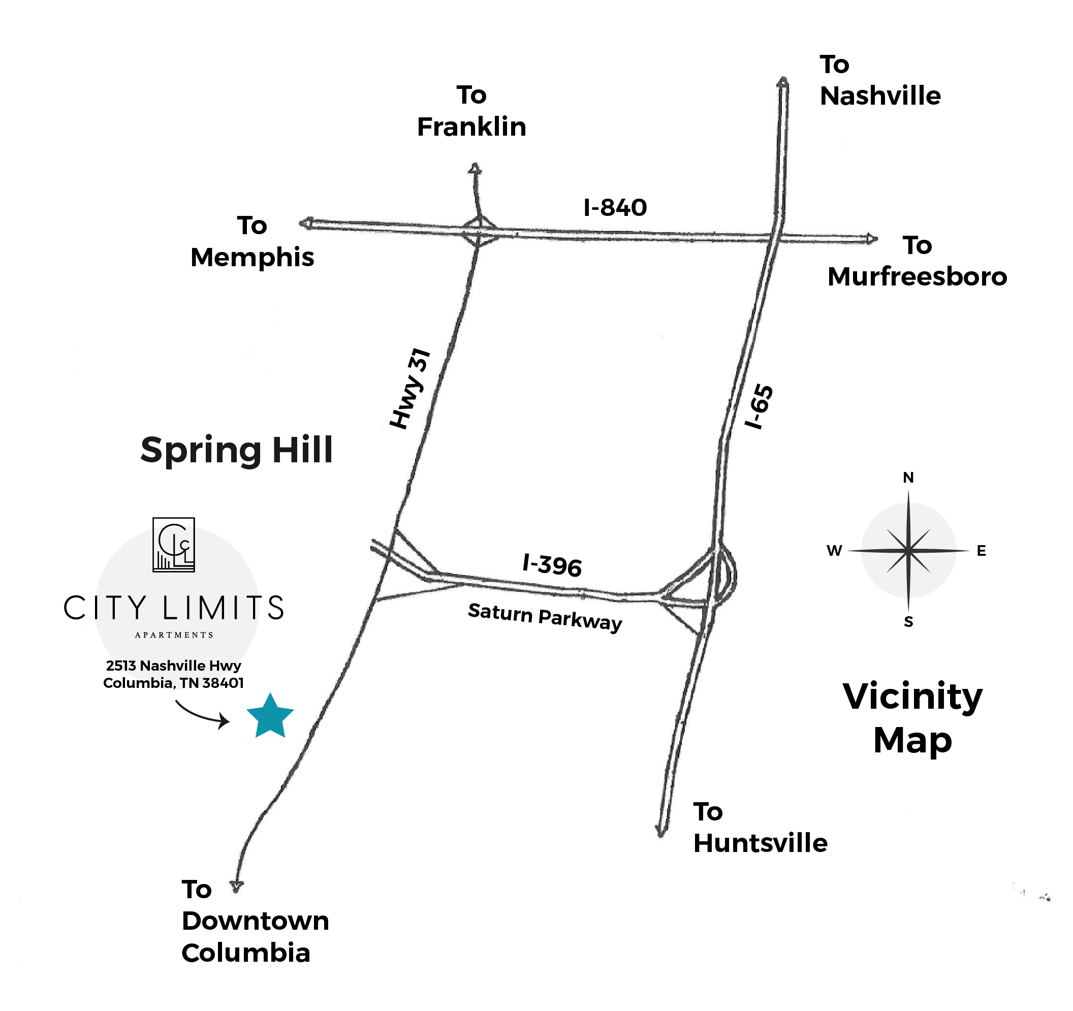 Map showing routes from Spring Hill to nearby cities like Franklin and Nashville.